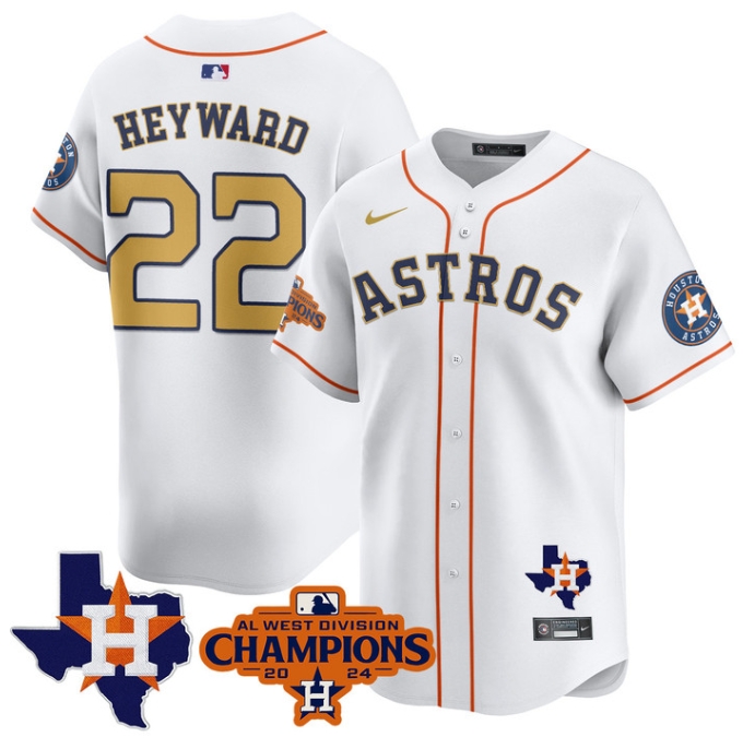 Astros 2024 AL West Champions Baseball  Jersey - All Stitched  WHITE GOLD JASON HEYWARD -22
