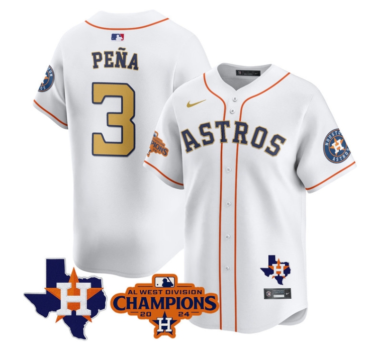 Astros 2024 AL West Champions Baseball  Jersey - All Stitched  WHITE GOLD JEREMY PE?A-3