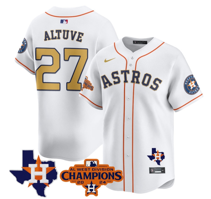 Astros 2024 AL West Champions Baseball  Jersey - All Stitched  WHITE GOLD JOSé ALTUVE -27