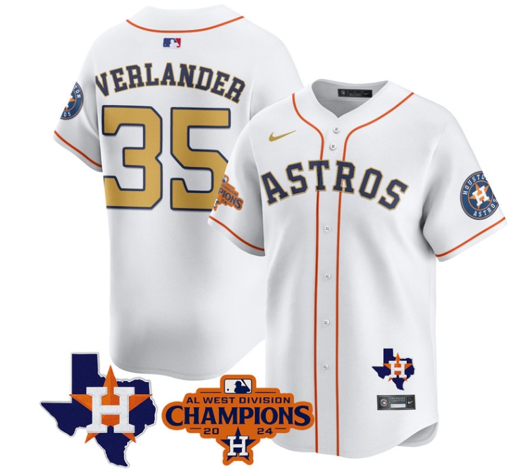 Astros 2024 AL West Champions Baseball  Jersey - All Stitched  WHITE GOLD JUSTIN VERLANDER-35