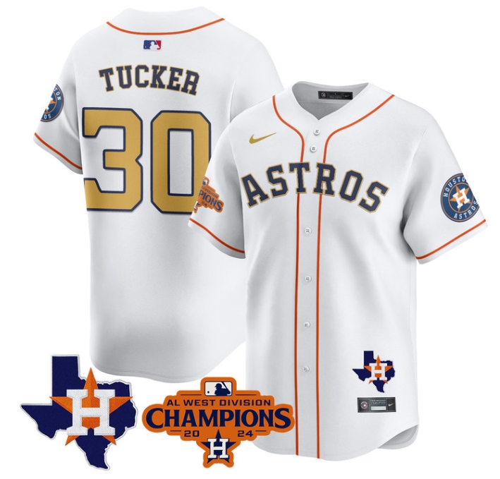 Astros 2024 AL West Champions Baseball  Jersey - All Stitched  WHITE GOLD KYLE TUCKER 30