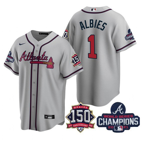 Atlanta Braves #1 Ozzie Albies 2021 Grey World Series Champions With 150th Anniversary Patch Cool Base Stitched Jersey(Run Small)
