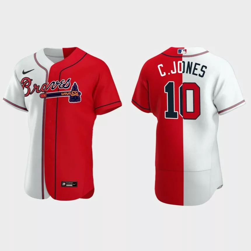 Atlanta Braves #10 Chipper Jones Split Authentic Jersey – White Red