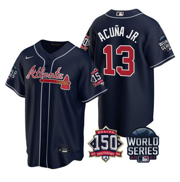 Atlanta Braves #13 Ronald Acuna Jr 2021 Navy World Series Champions With 150th Anniversary Patch Cool Base Stitched Jersey(Run Small)