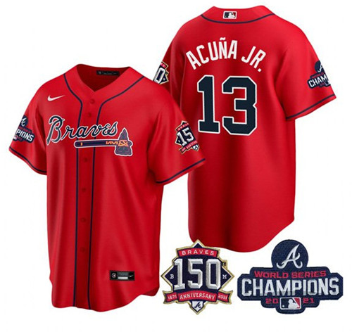 Atlanta Braves #13 Ronald Acuna Jr 2021 Red World Series Champions With 150th Anniversary Patch Cool Base Stitched Jersey(Run Small)