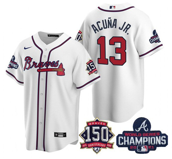 Atlanta Braves #13 Ronald Acuna Jr 2021 White World Series Champions With 150th Anniversary Patch Cool Base Stitched Jersey(Run Small)
