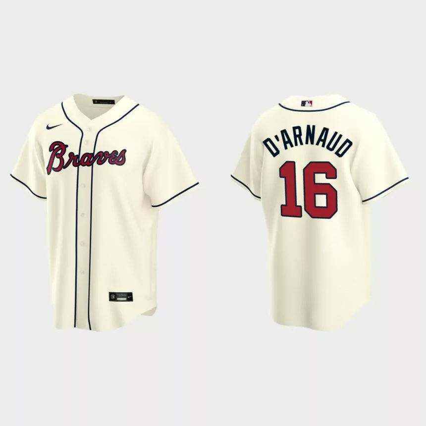 Atlanta Braves #16 Travis d’Arnaud Replica Alternate Jersey – Cream