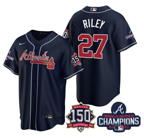 Atlanta Braves #27 Austin Riley 2021 Navy World Series Champions With 150th Anniversary Patch Cool Base Stitched Jersey(Run Small)