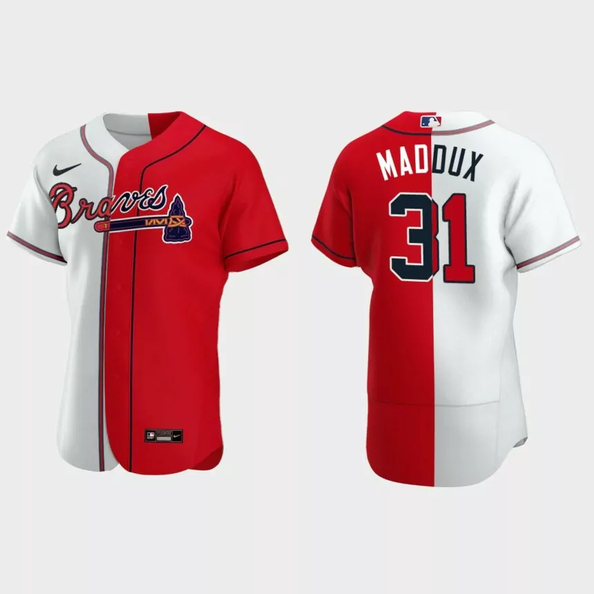 Atlanta Braves #31 Greg Maddux Split Authentic Jersey – White Red