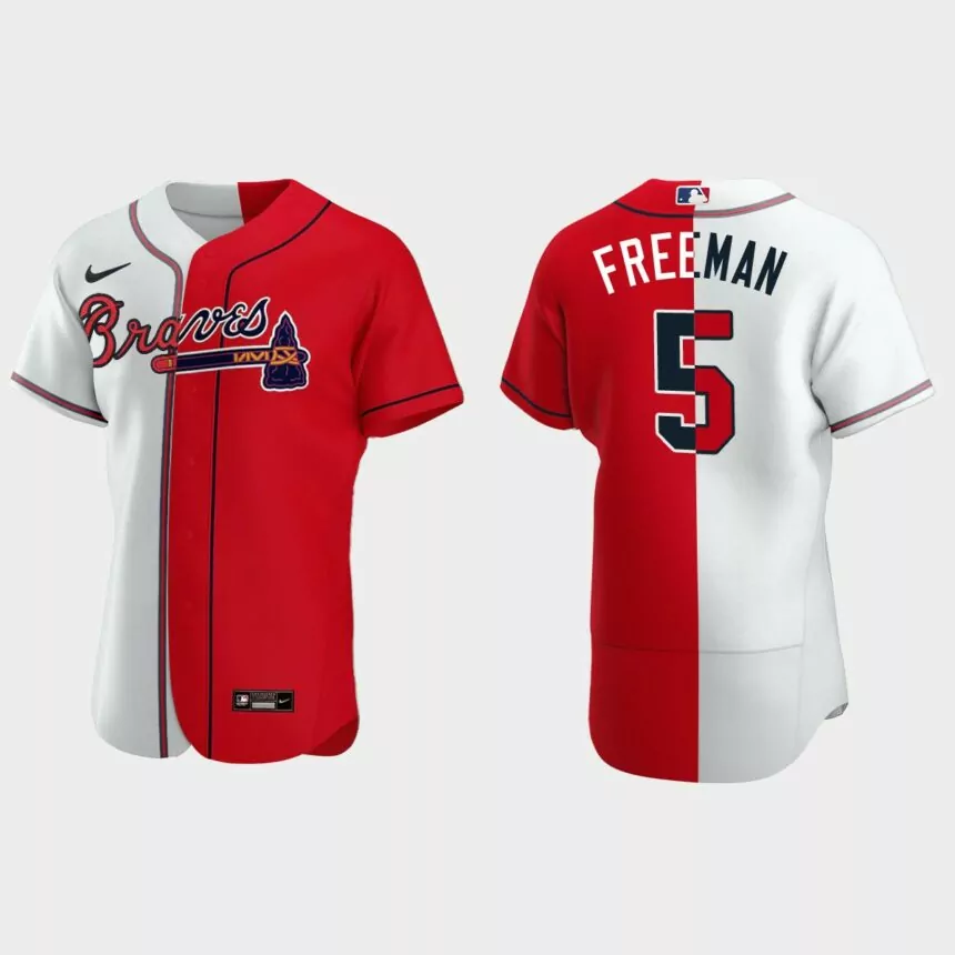 Atlanta Braves #5 Freddie Freeman Split Authentic Jersey – White Red