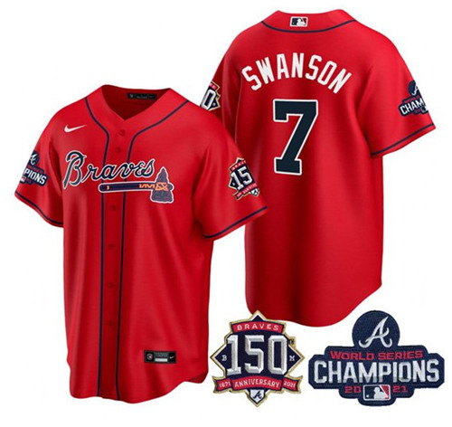 Atlanta Braves #7 Dansby Swanson 2021 Red World Series Champions With 150th Anniversary Patch Cool Base Stitched Jersey(Run Small)