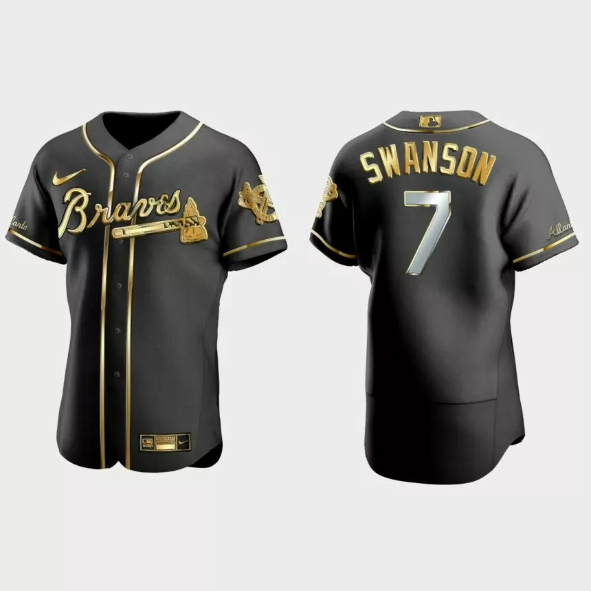 Atlanta Braves #7 Dansby Swanson Gold Edition Authentic Jersey – Black