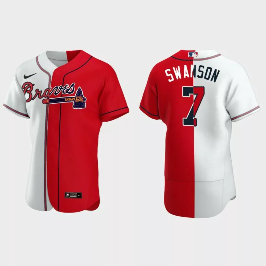 Atlanta Braves #7 Dansby Swanson Split Authentic Jersey – White Red