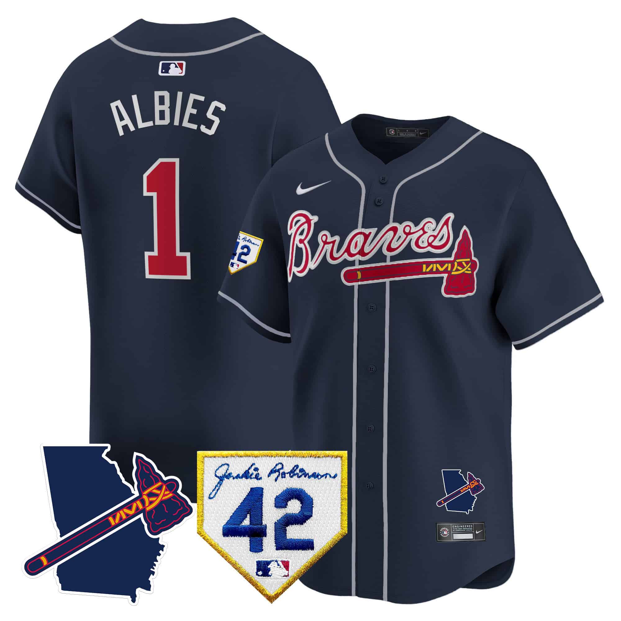 Atlanta Braves 2024 Robinson & Georgia Patch Vapor Premier Limited Baseball   Jersey – All Stitched  Navy #1 Ozzie Albies