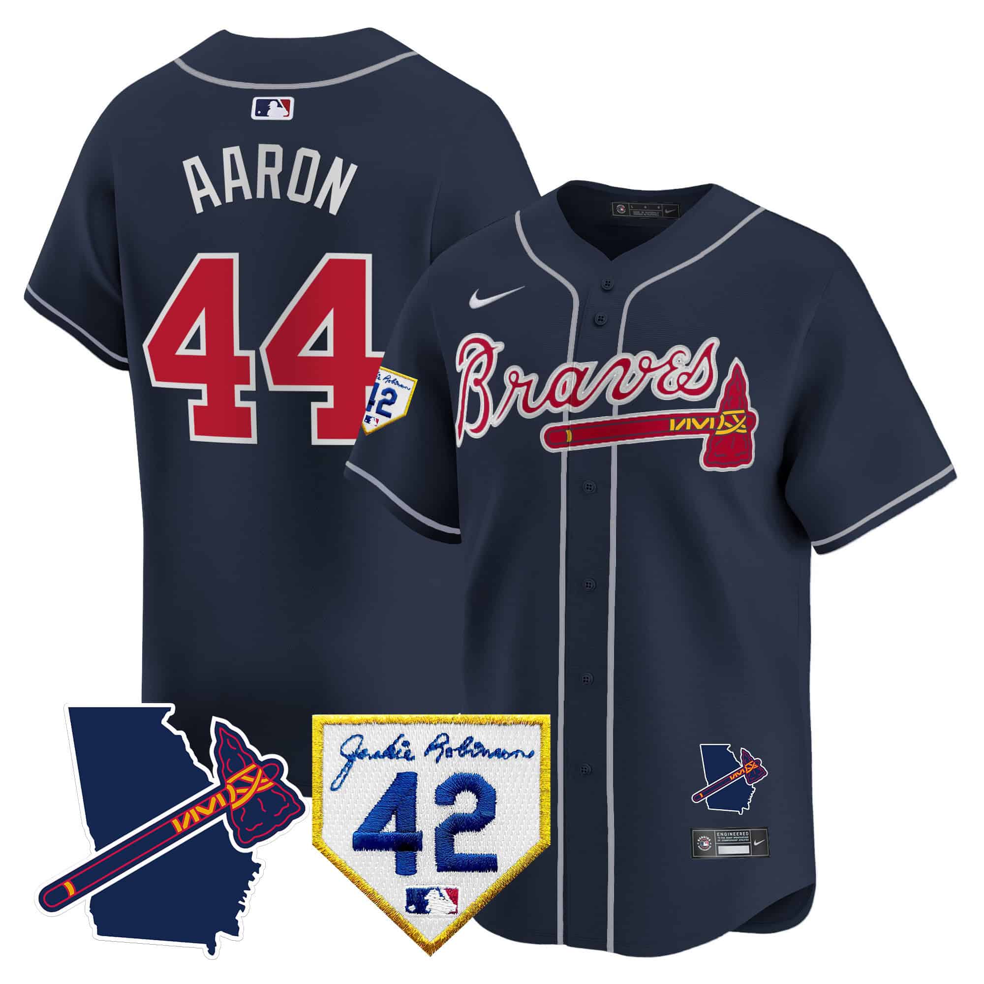 Atlanta Braves 2024 Robinson & Georgia Patch Vapor Premier Limited Baseball   Jersey – All Stitched  Navy #44 Hank Aaron