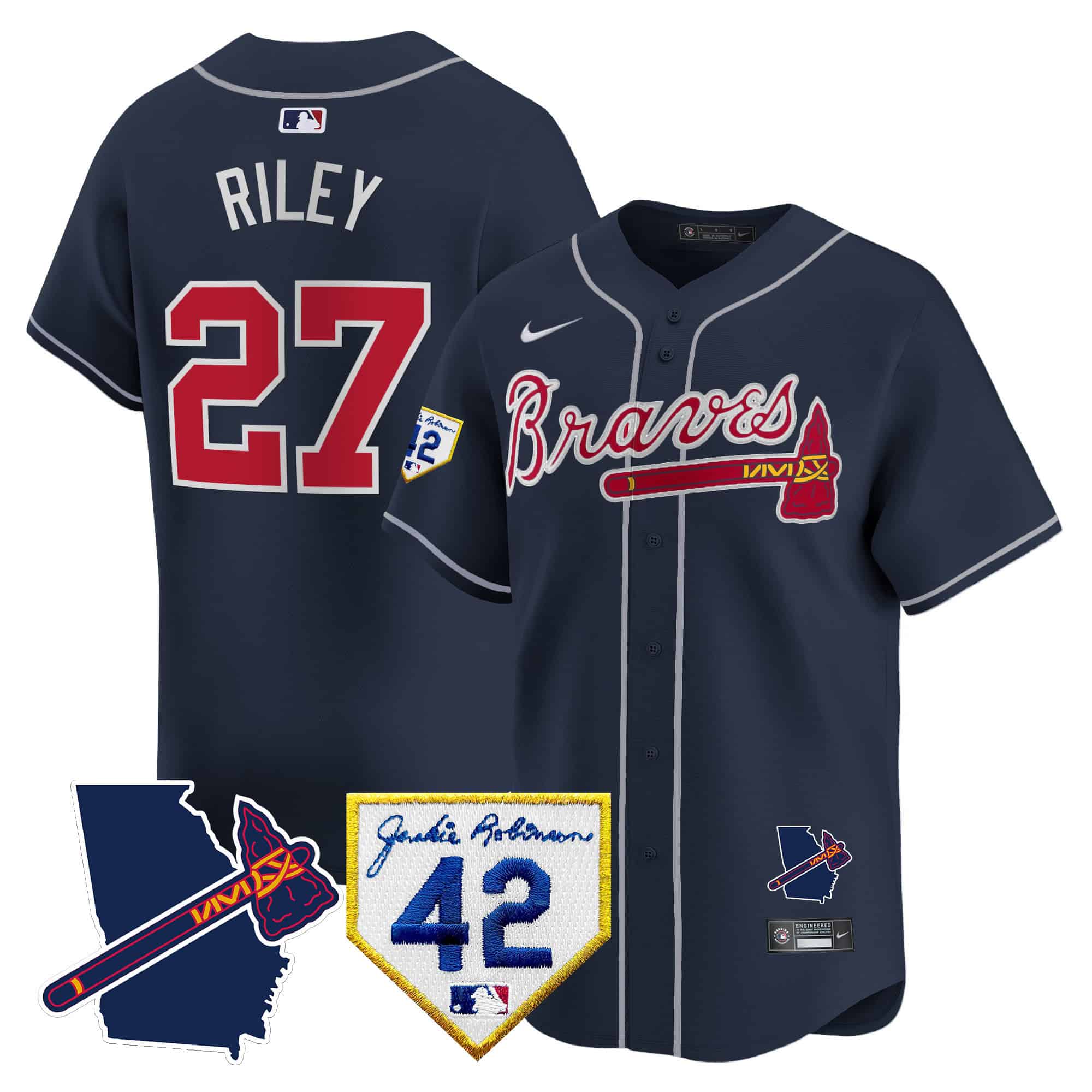 Atlanta Braves 2024 Robinson & Georgia Patch Vapor Premier Limited Baseball   Jersey – All Stitched  Navy Austin Riley #27