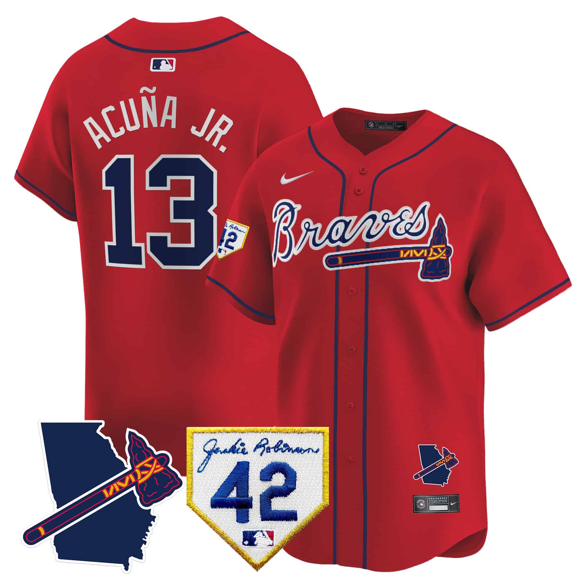 Atlanta Braves 2024 Robinson & Georgia Patch Vapor Premier Limited Baseball   Jersey – All Stitched  Red #13 Ronald Acuna Jr.