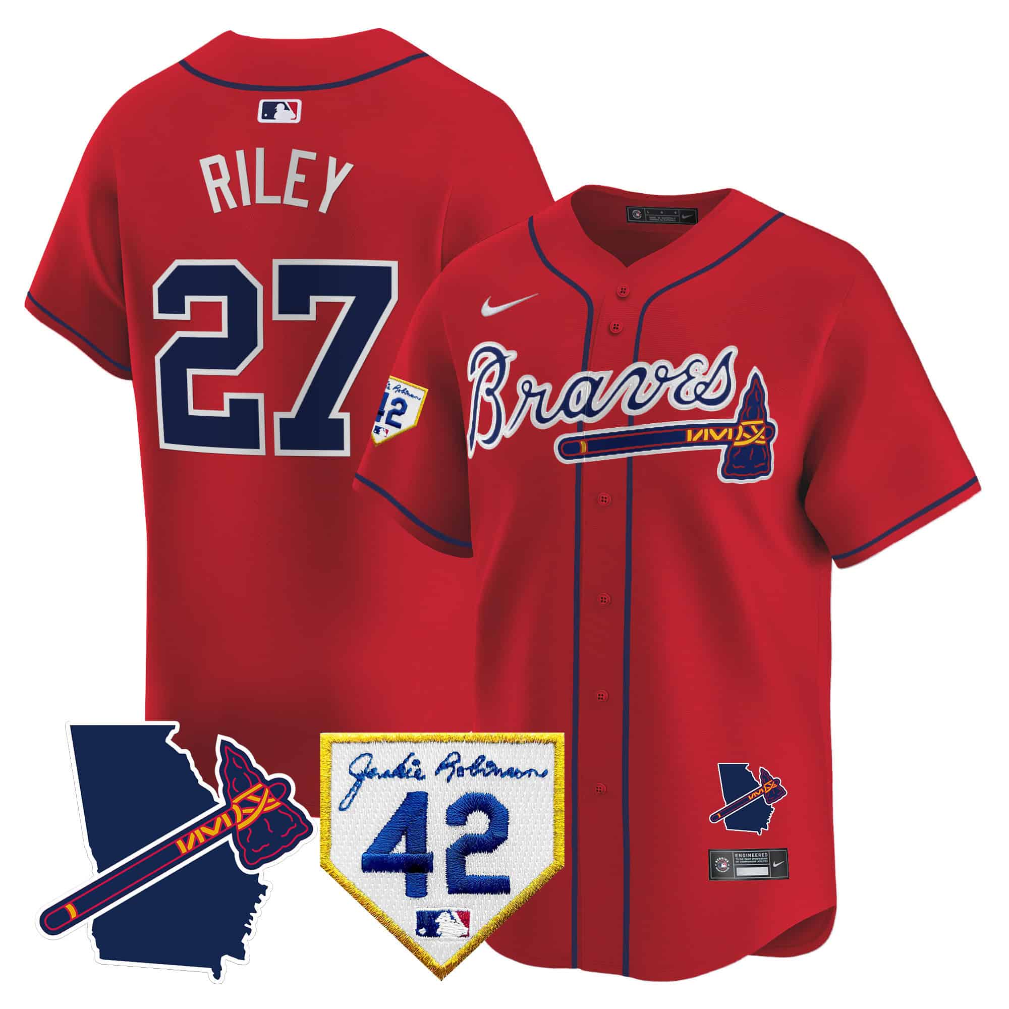 Atlanta Braves 2024 Robinson & Georgia Patch Vapor Premier Limited Baseball   Jersey – All Stitched  Red Austin Riley #27