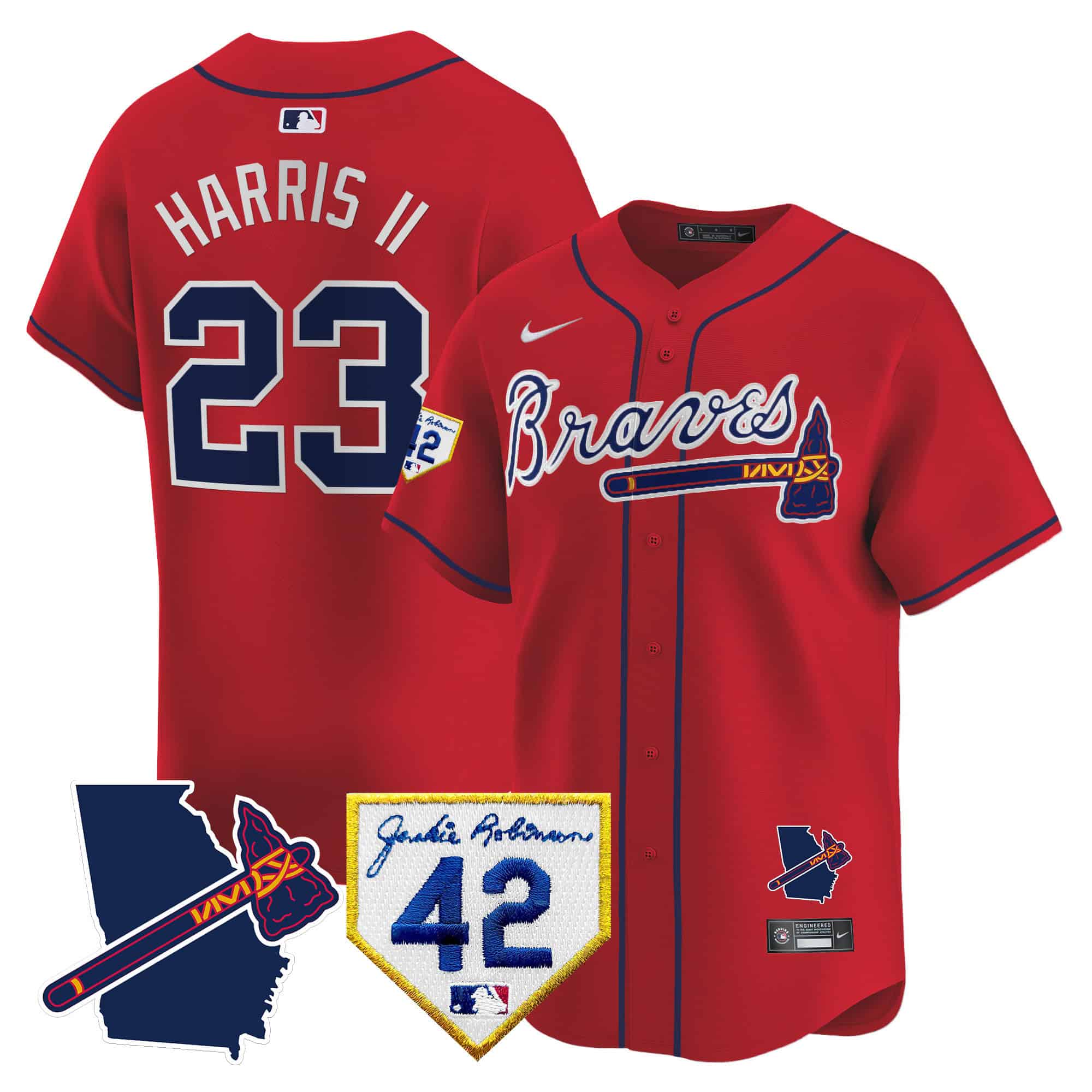 Atlanta Braves 2024 Robinson & Georgia Patch Vapor Premier Limited Baseball   Jersey – All Stitched  Red Michael Harris II #23