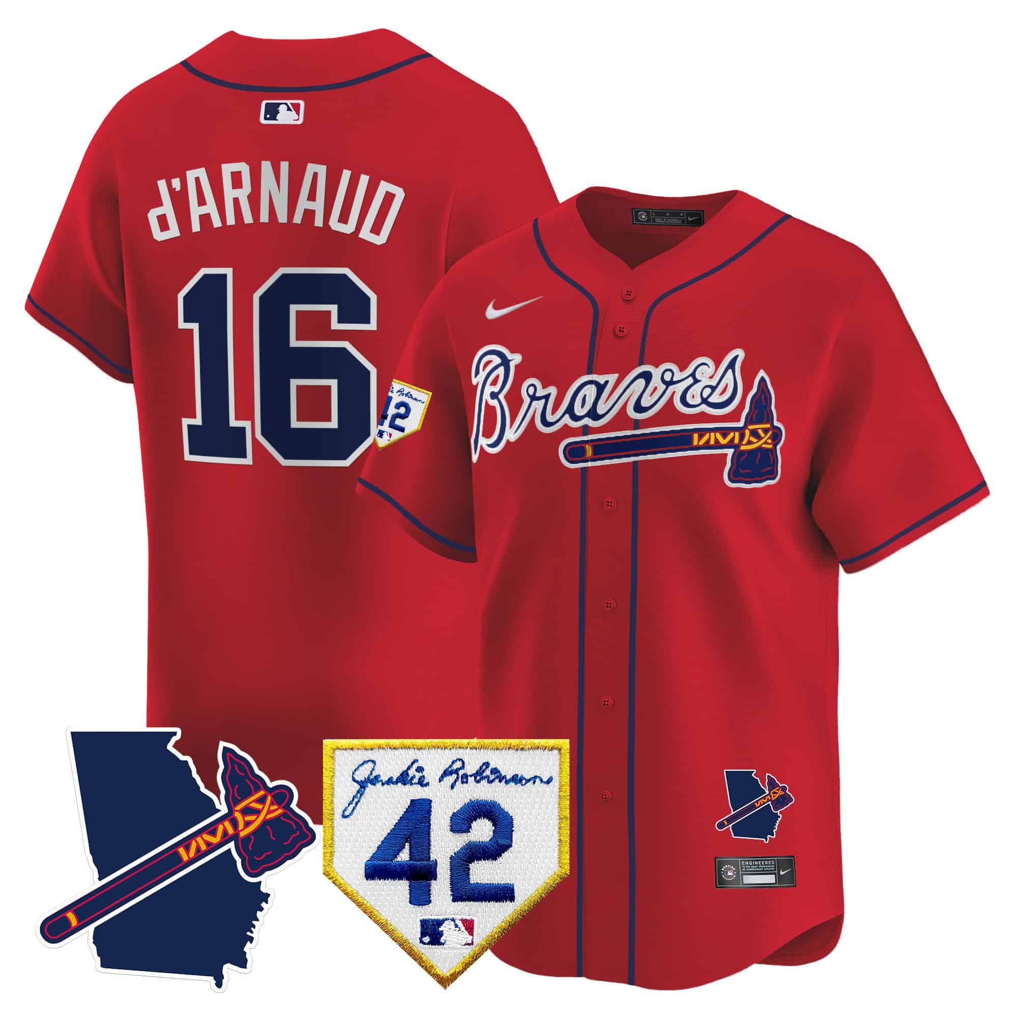 Atlanta Braves 2024 Robinson & Georgia Patch Vapor Premier Limited Baseball   Jersey – All Stitched  Red Travis D'Arnaud #16