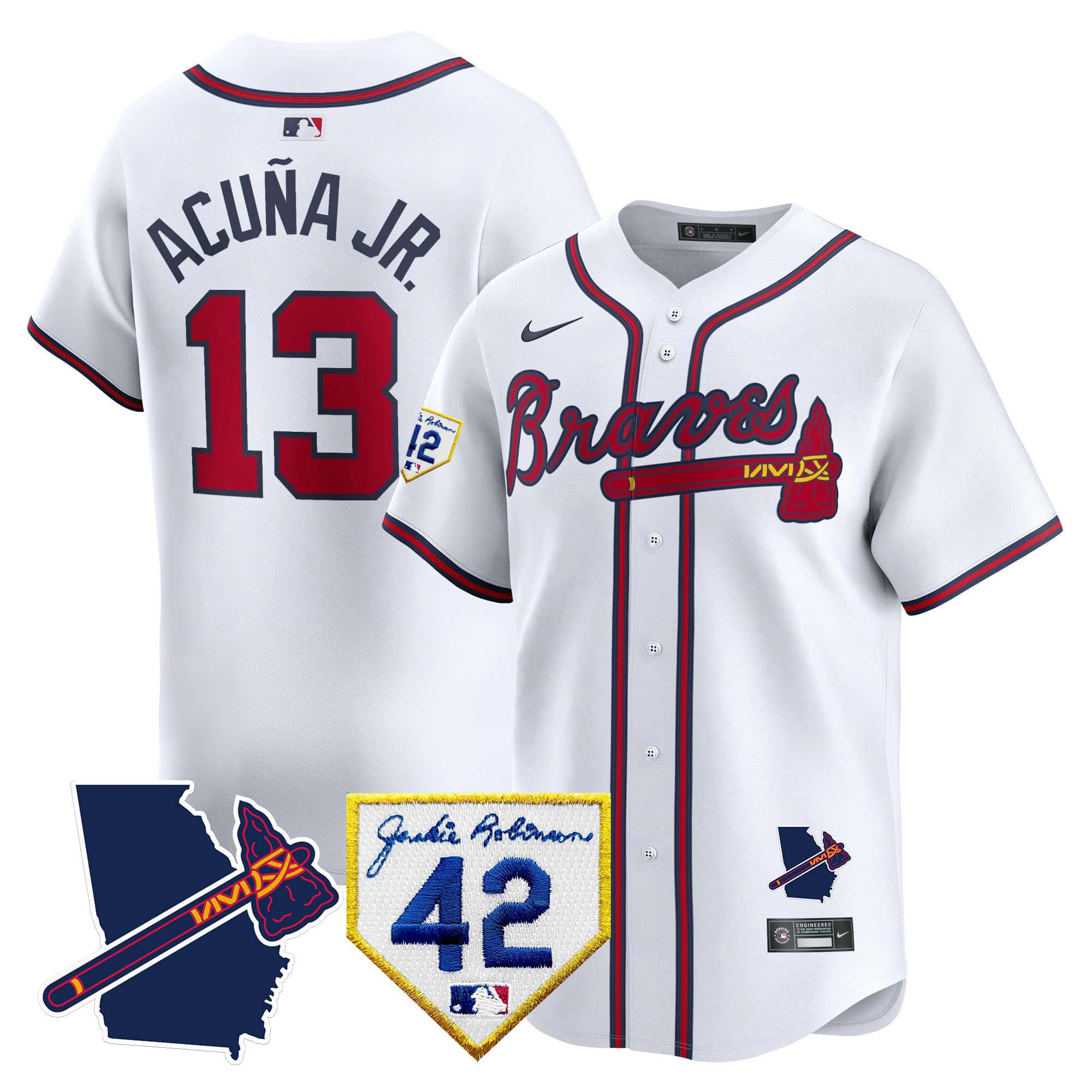 Atlanta Braves 2024 Robinson & Georgia Patch Vapor Premier Limited Baseball   Jersey – All Stitched  White #13 Ronald Acuna Jr.