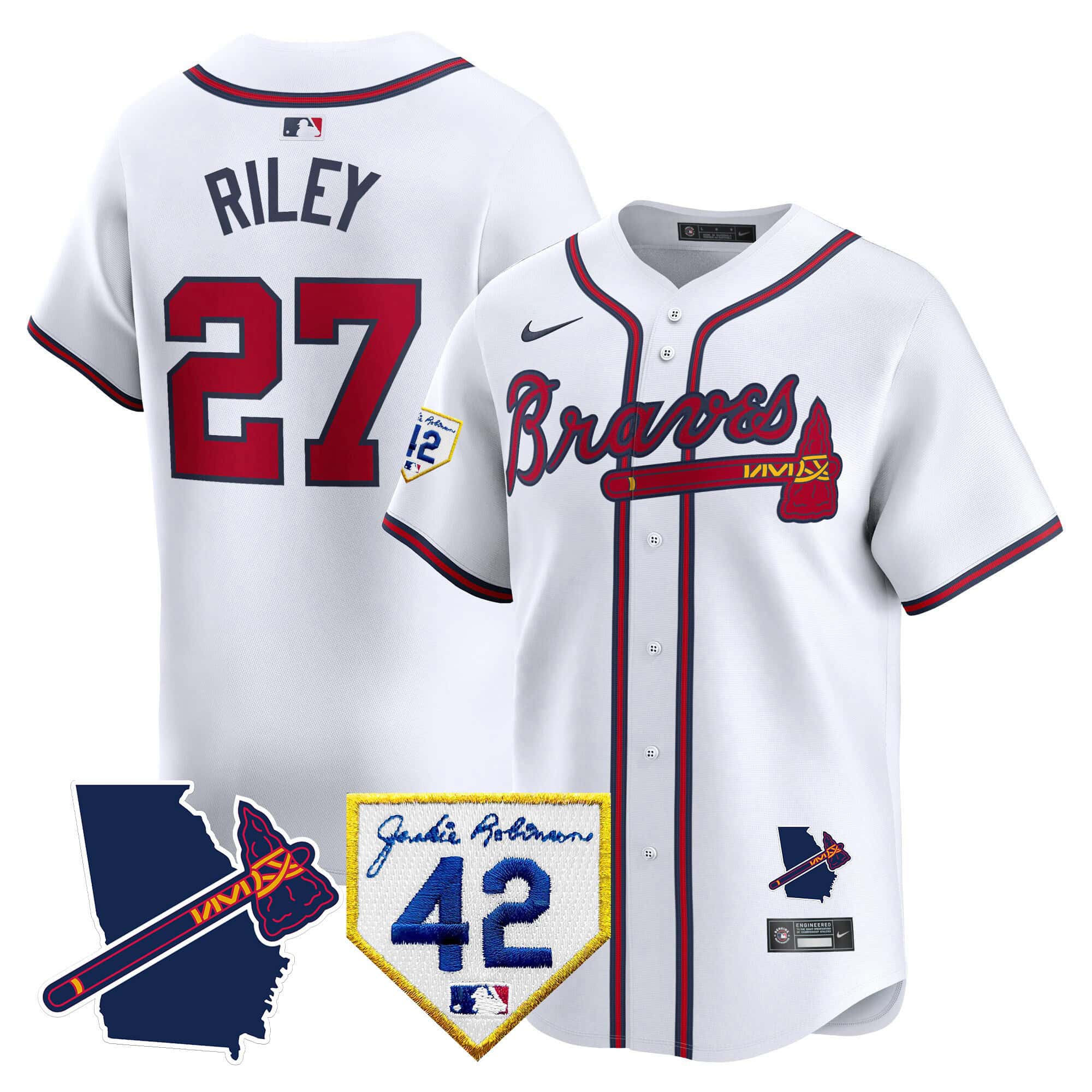 Atlanta Braves 2024 Robinson & Georgia Patch Vapor Premier Limited Baseball   Jersey – All Stitched  White Austin Riley #27