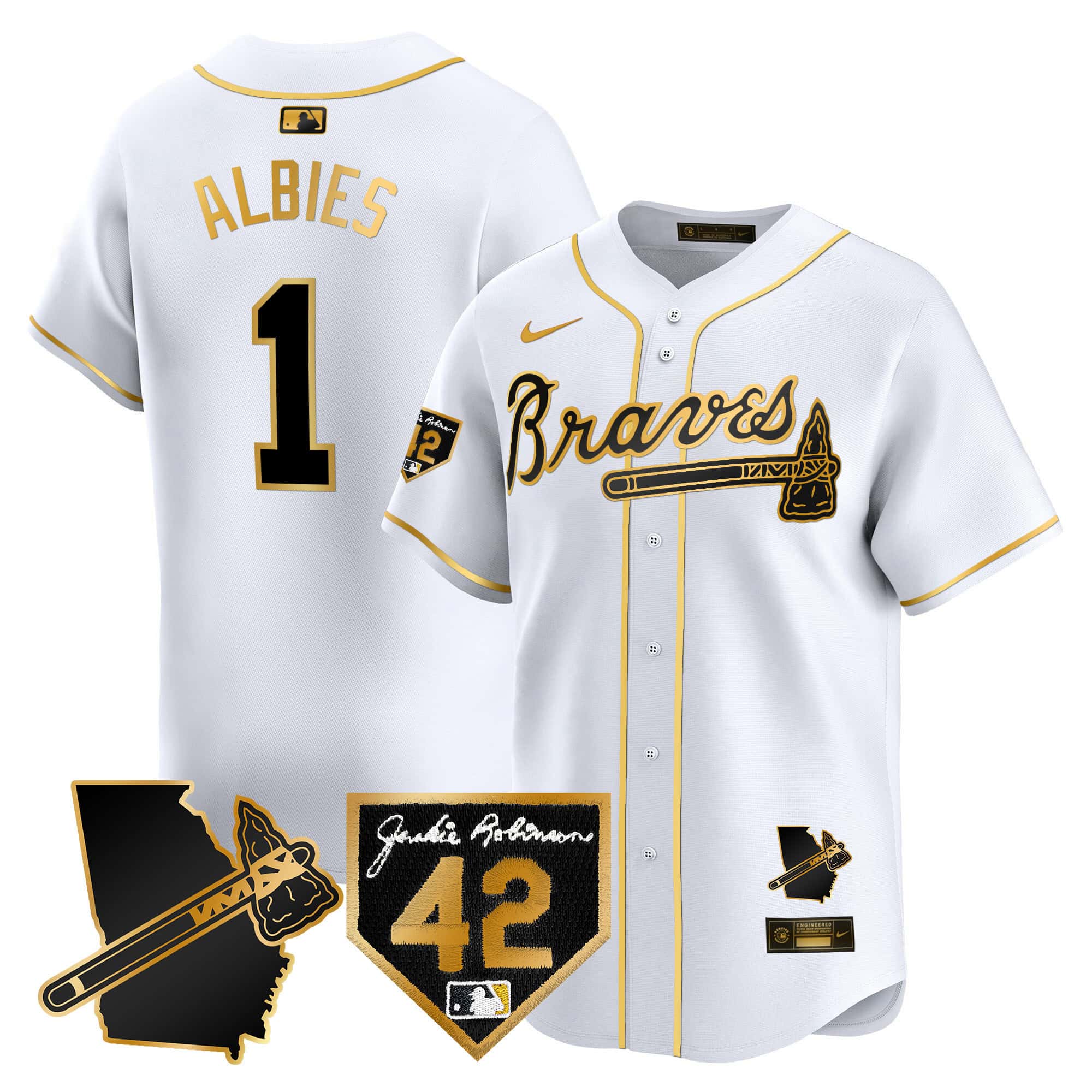 Atlanta Braves 2024 Robinson & Georgia Patch Vapor Premier Limited Baseball   Jersey – All Stitched  White Gold #1 Ozzie Albies