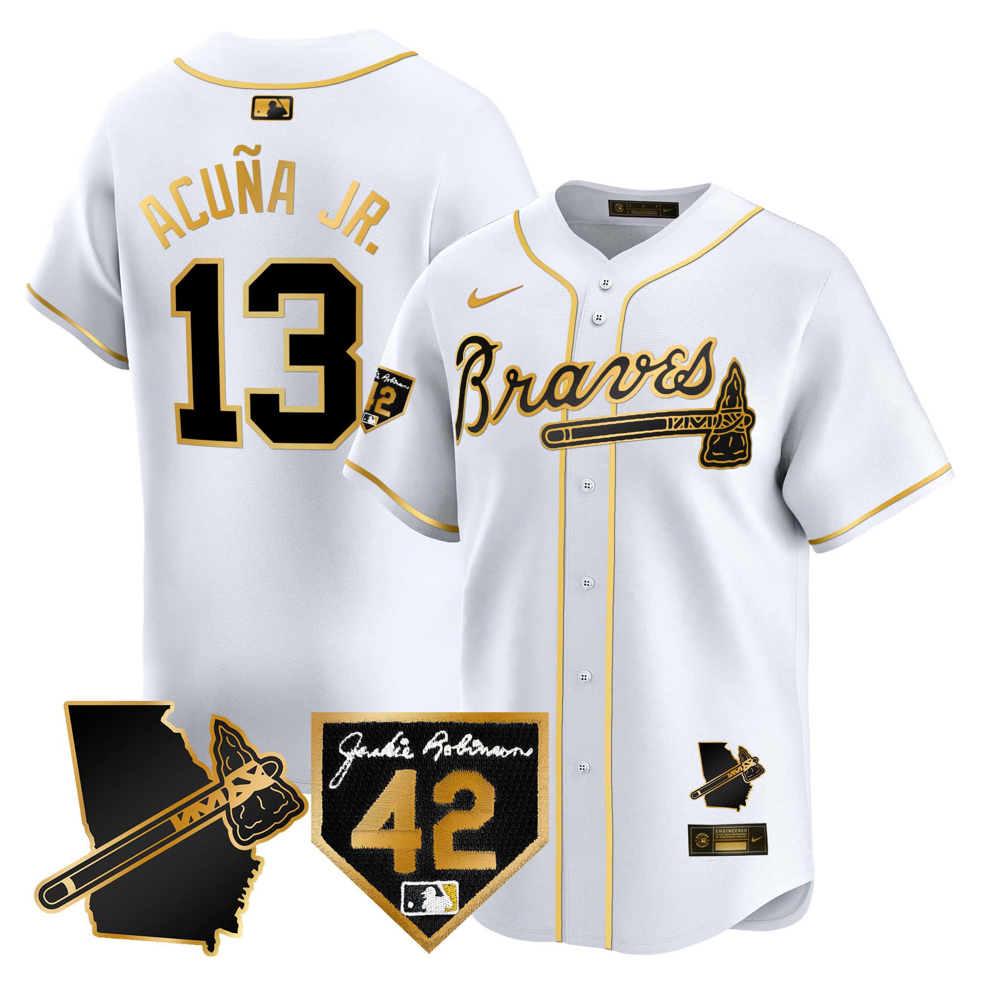 Atlanta Braves 2024 Robinson & Georgia Patch Vapor Premier Limited Baseball   Jersey – All Stitched  White Gold #13 Ronald Acuna Jr.