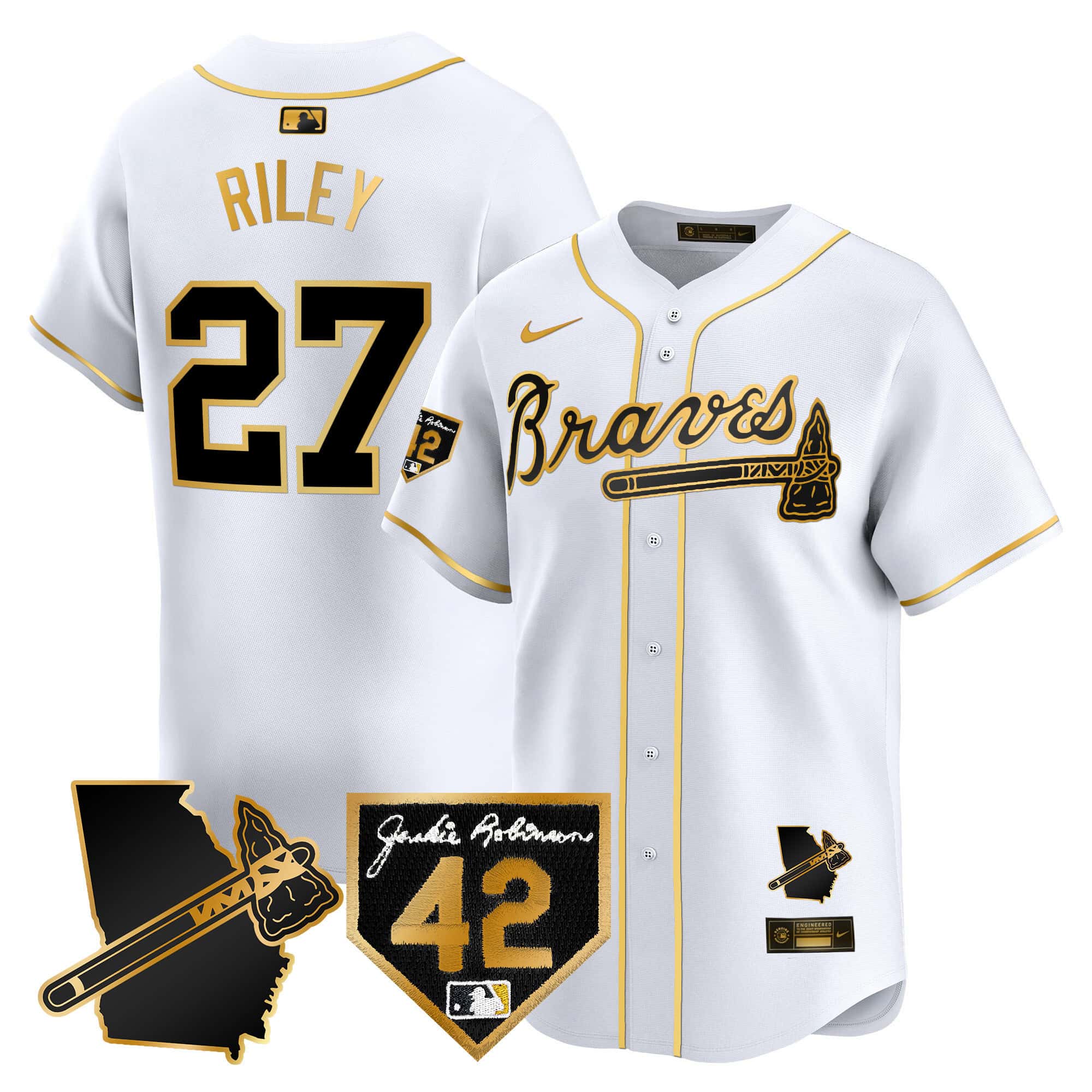 Atlanta Braves 2024 Robinson & Georgia Patch Vapor Premier Limited Baseball   Jersey – All Stitched  White Gold Austin Riley #27