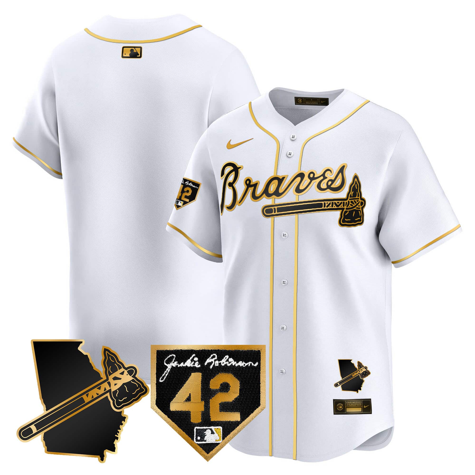 Atlanta Braves 2024 Robinson & Georgia Patch Vapor Premier Limited Baseball   Jersey – All Stitched  White Gold Blank