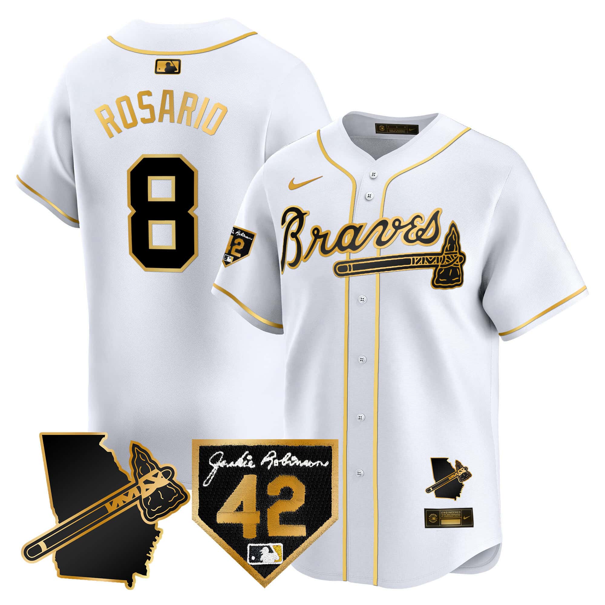 Atlanta Braves 2024 Robinson & Georgia Patch Vapor Premier Limited Baseball   Jersey – All Stitched  White Gold Eddie Rosario #8