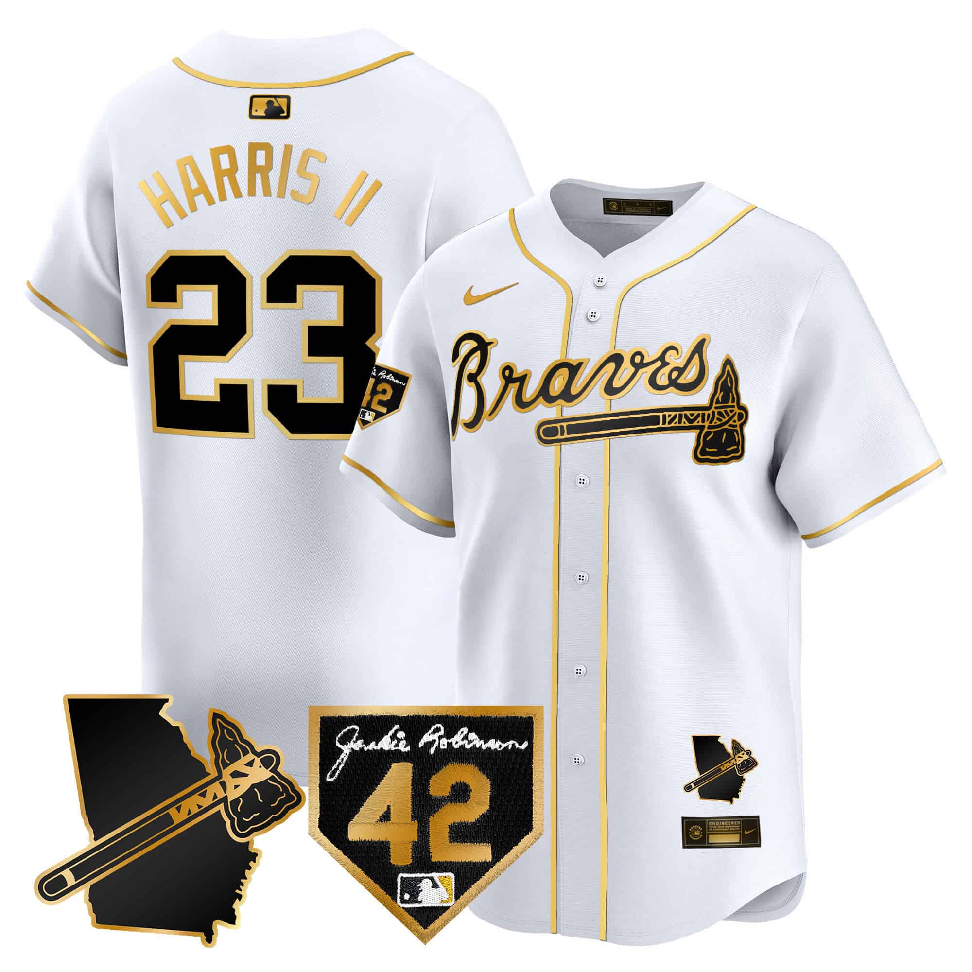 Atlanta Braves 2024 Robinson & Georgia Patch Vapor Premier Limited Baseball   Jersey – All Stitched  White Gold Michael Harris II #23