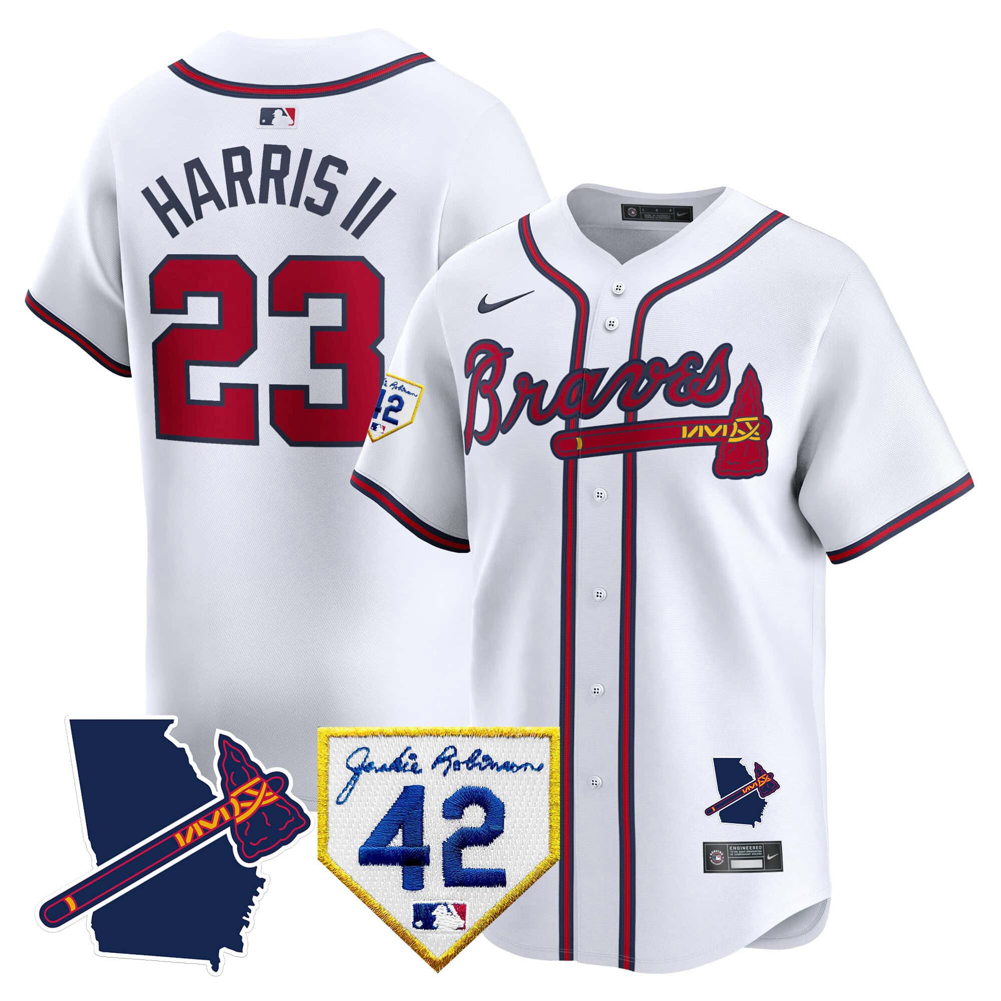 Atlanta Braves 2024 Robinson & Georgia Patch Vapor Premier Limited Baseball   Jersey – All Stitched  White Michael Harris II #23