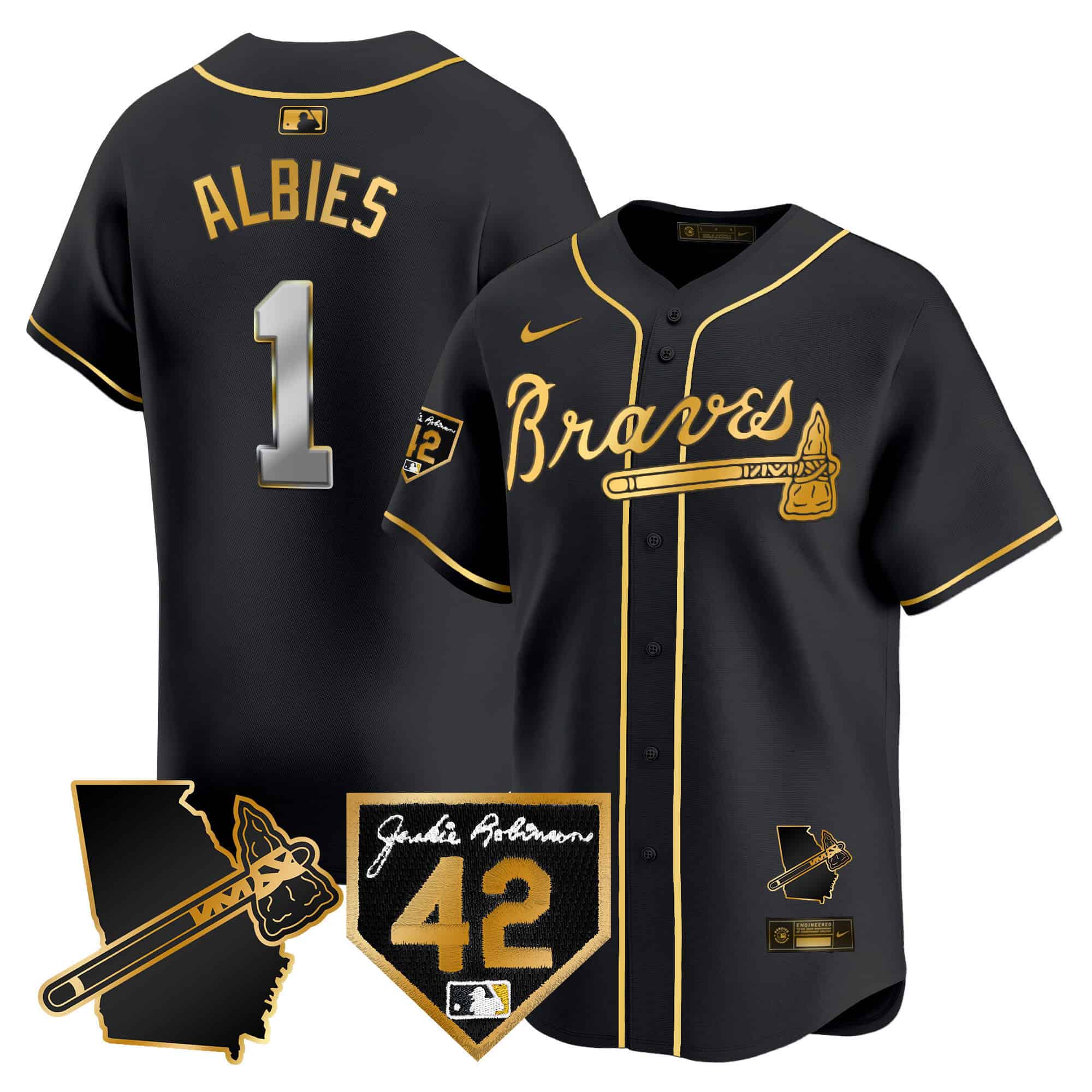 Atlanta Braves 2024 Robinson & Georgia Patch Vapor Premier Limited Baseball   Jersey – All Stitched Black Gold #1 Ozzie Albies
