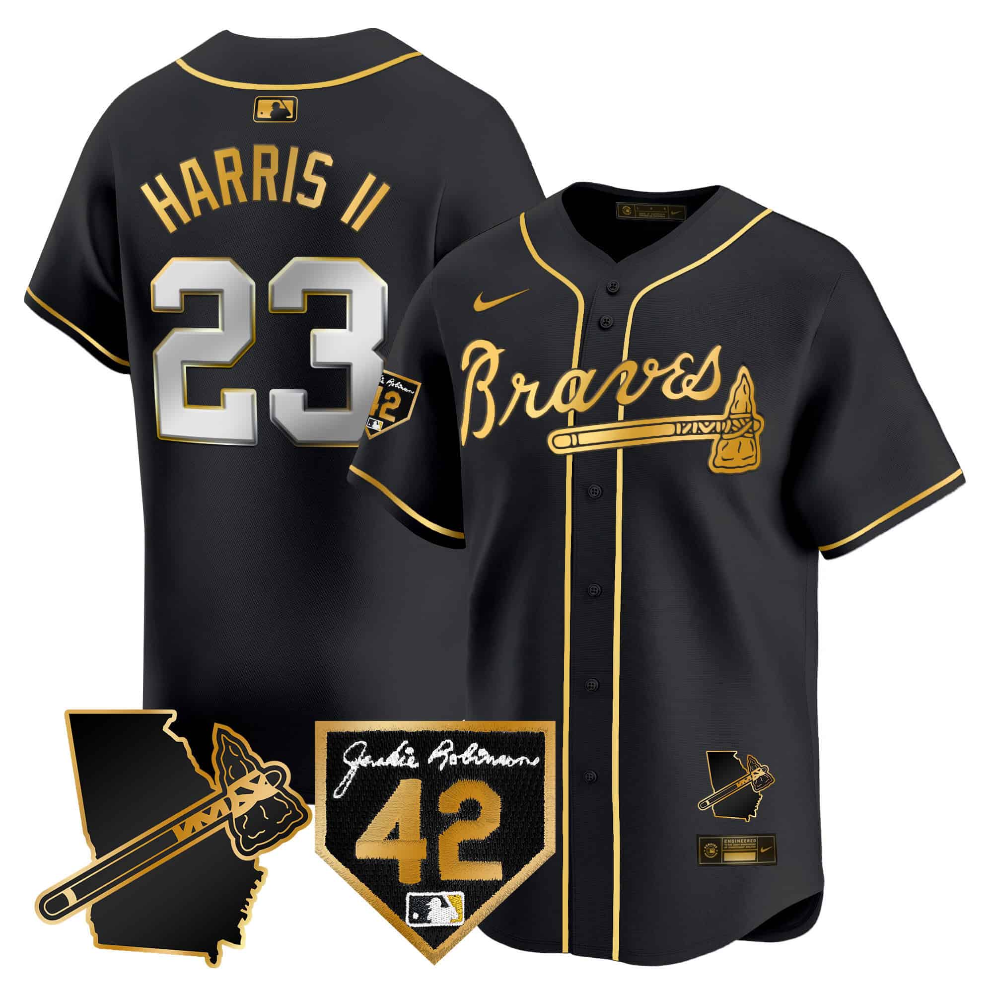 Atlanta Braves 2024 Robinson & Georgia Patch Vapor Premier Limited Baseball   Jersey – All Stitched Black Gold  Michael Harris II #23
