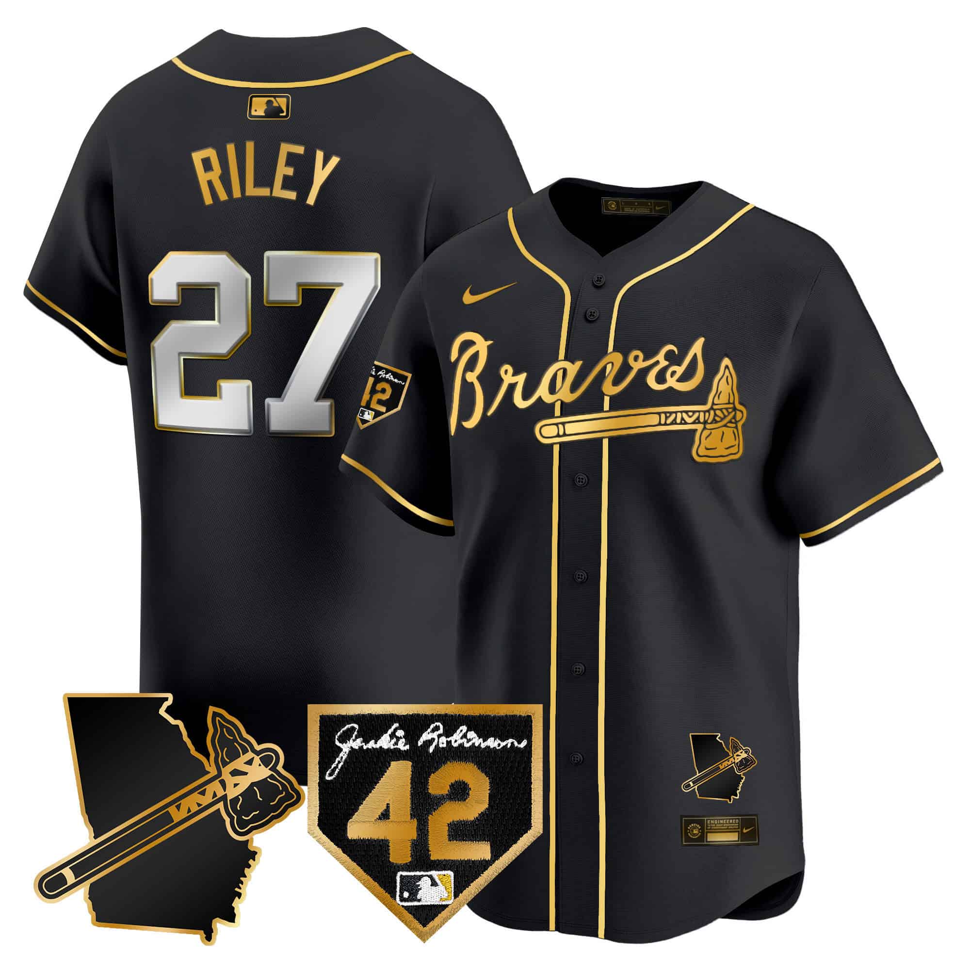 Atlanta Braves 2024 Robinson & Georgia Patch Vapor Premier Limited Baseball   Jersey – All Stitched Black Gold Austin Riley #27