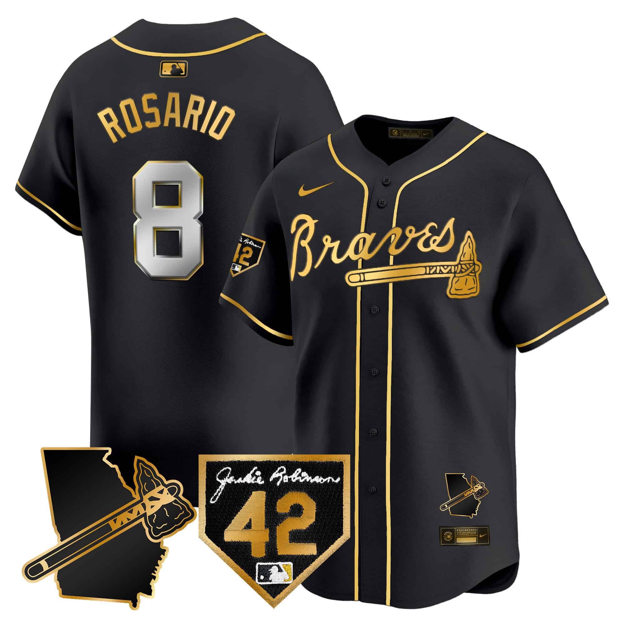 Atlanta Braves 2024 Robinson & Georgia Patch Vapor Premier Limited Baseball   Jersey – All Stitched Black Gold Eddie Rosario #8