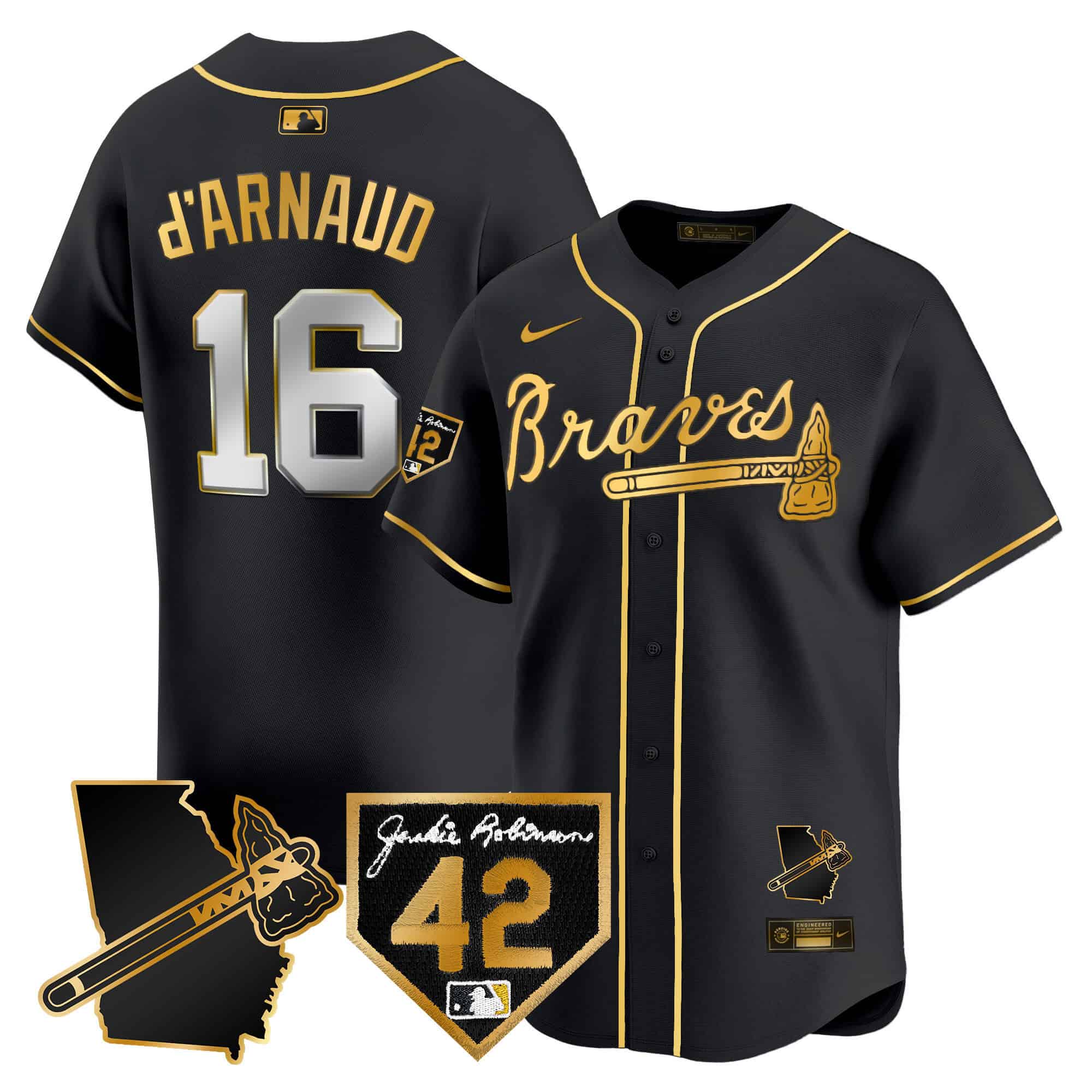 Atlanta Braves 2024 Robinson & Georgia Patch Vapor Premier Limited Baseball   Jersey – All Stitched Black Gold Travis D'Arnaud #16