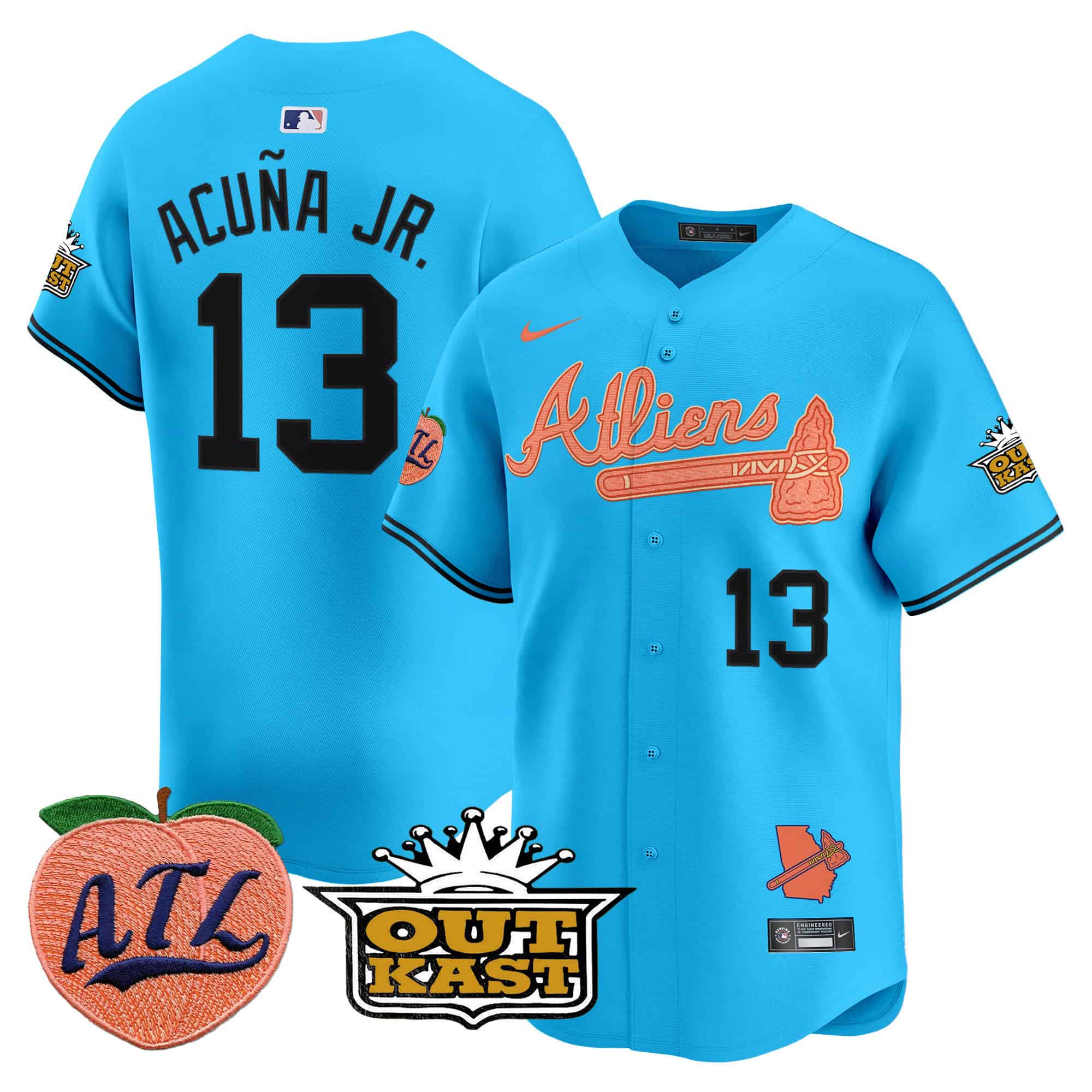 Atlanta Braves Atliens & Peach Vapor Premier Limited  baseball  Jersey – All Stitched Light Blue #13 Ronald  Acuna Jr.