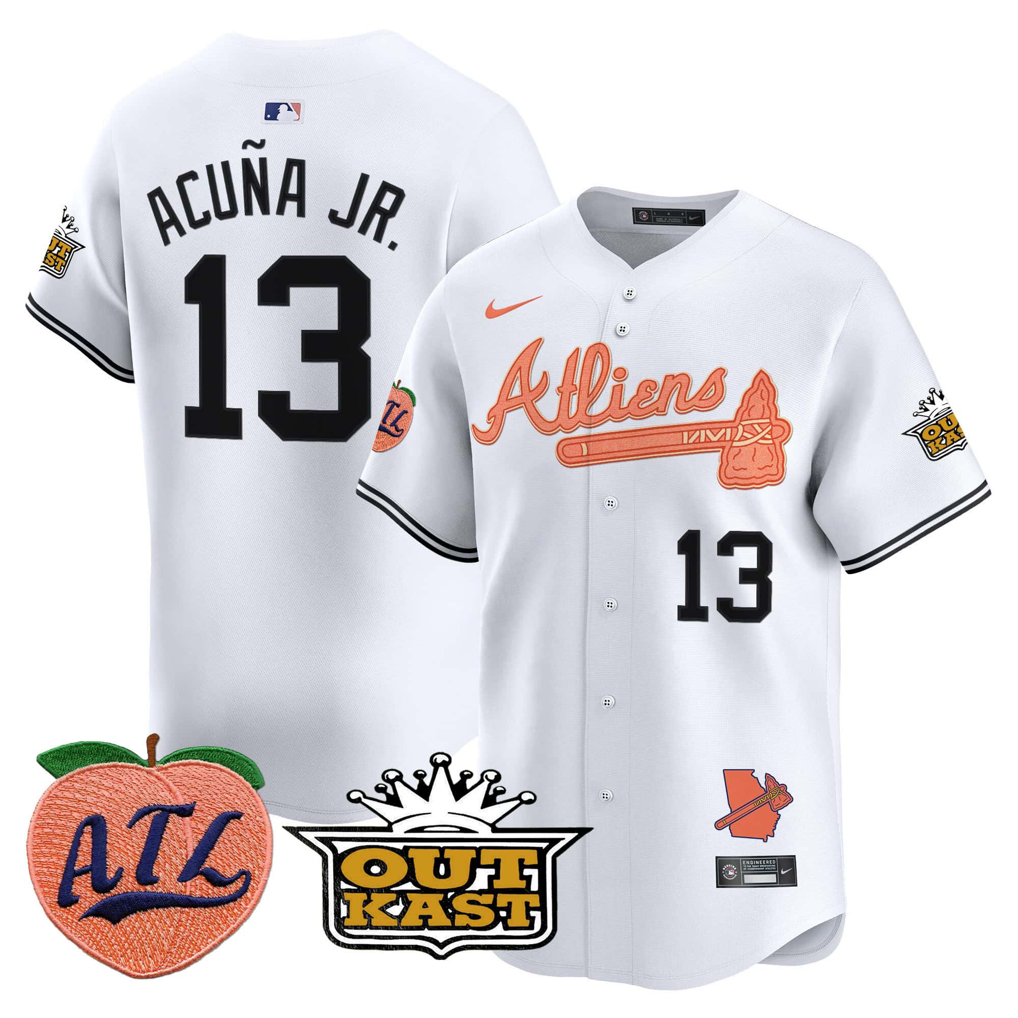 Atlanta Braves Atliens & Peach Vapor Premier Limited  baseball  Jersey – All Stitched White #13 Ronald Acuna Jr.