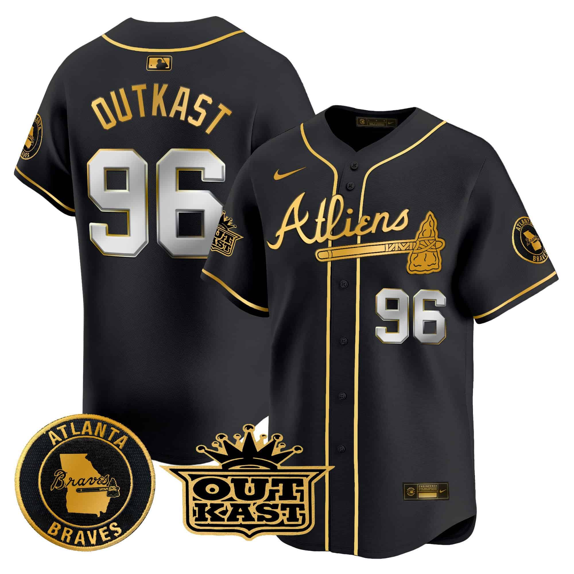 Atlanta Braves Atliens Vapor Premier Limited   baseball  Jersey – All Stitched Black Gold outkast #96