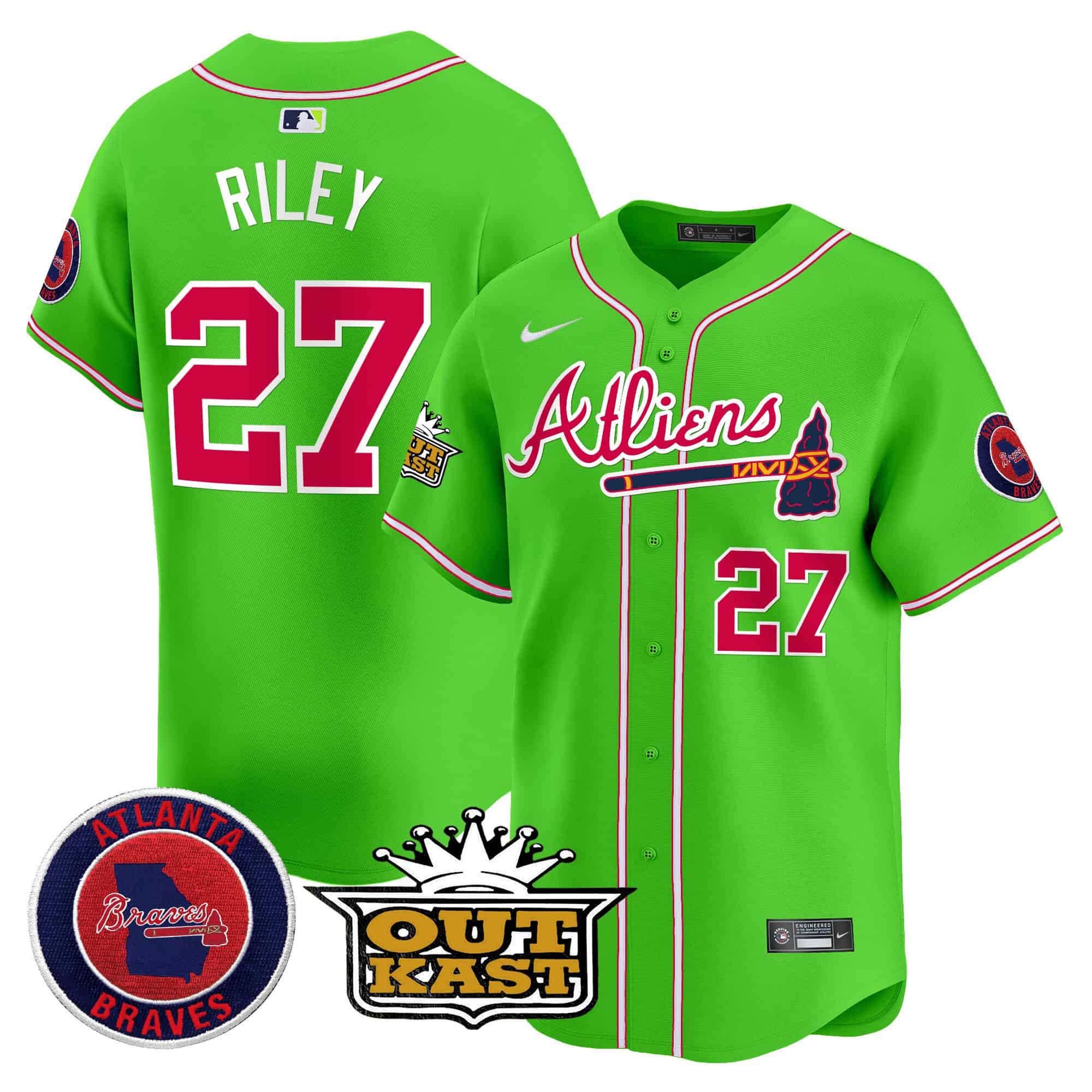 Atlanta Braves Atliens Vapor Premier Limited   baseball  Jersey – All Stitched Bright Green Austin Riley #27