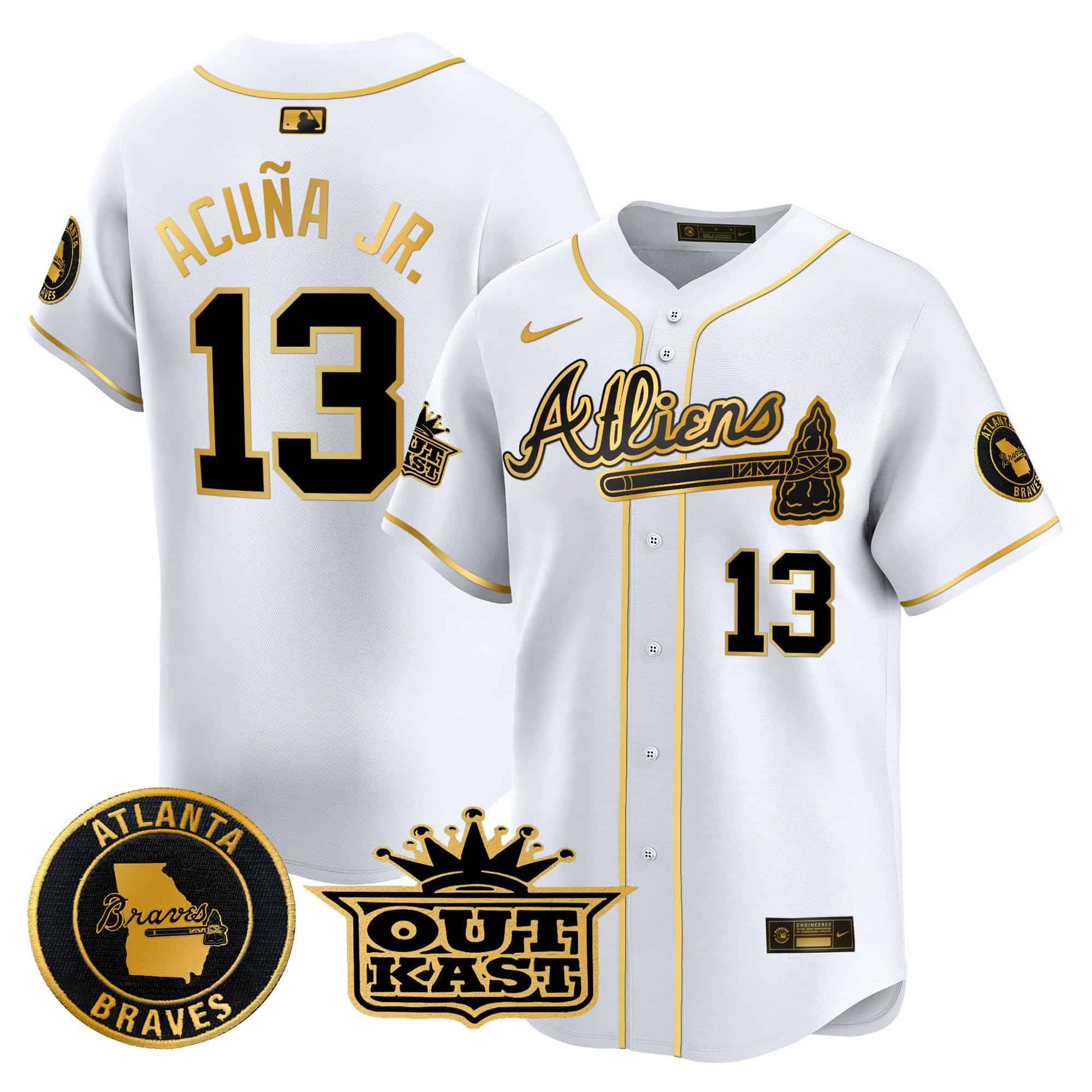 Atlanta Braves Atliens Vapor Premier Limited   baseball  Jersey – All Stitched White Gold #13 Ronald Acuna Jr.