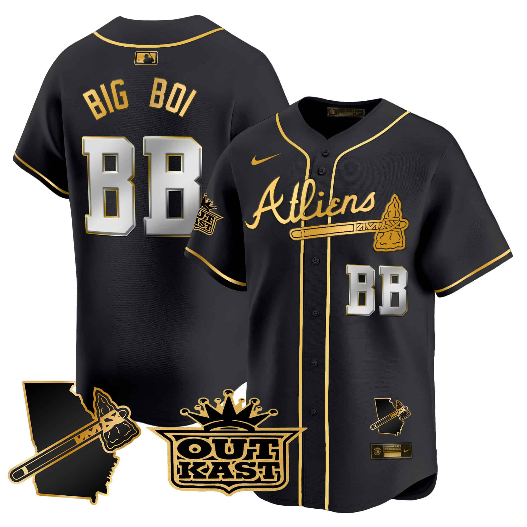 Atlanta Braves Atliens Vapor Premier Limited  baseball  Jersey V2 – All Stitched Black Gold Big Boi