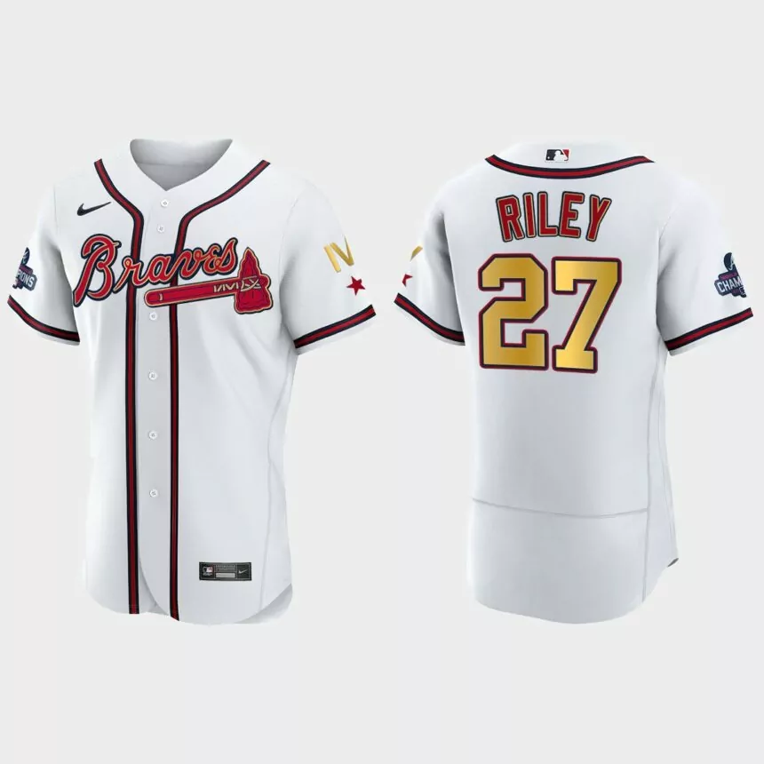Atlanta Braves Austin Riley 2022 Gold Program White Braves 4-Time World Series Champions Jersey