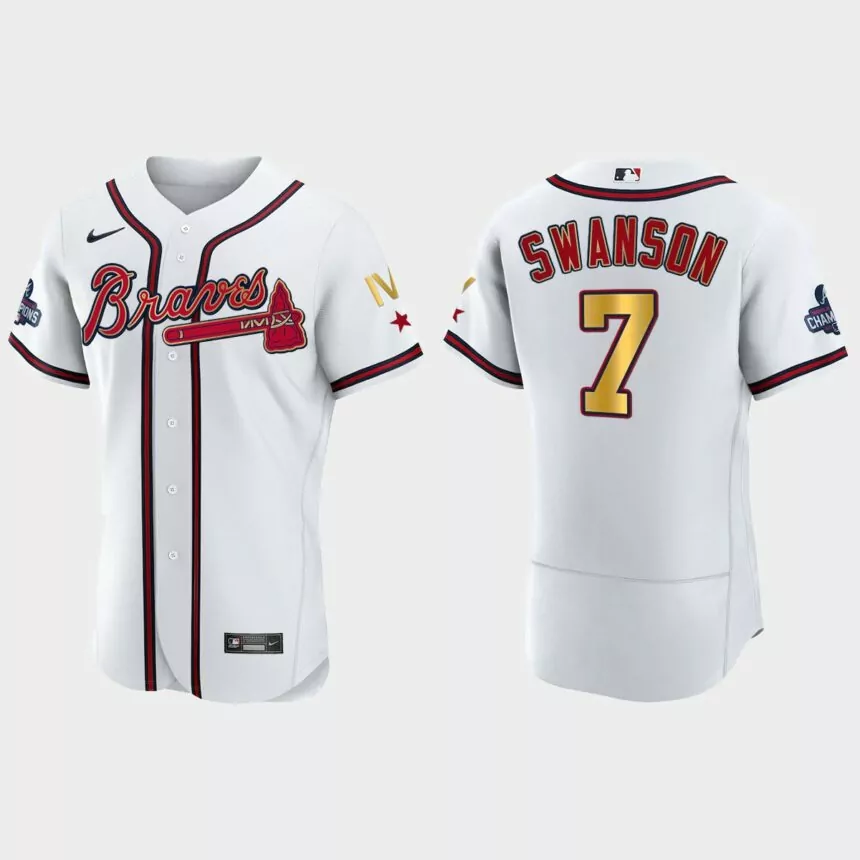 Atlanta Braves Dansby Swanson 2022 Gold Program White Braves 4-Time World Series Champions Jersey