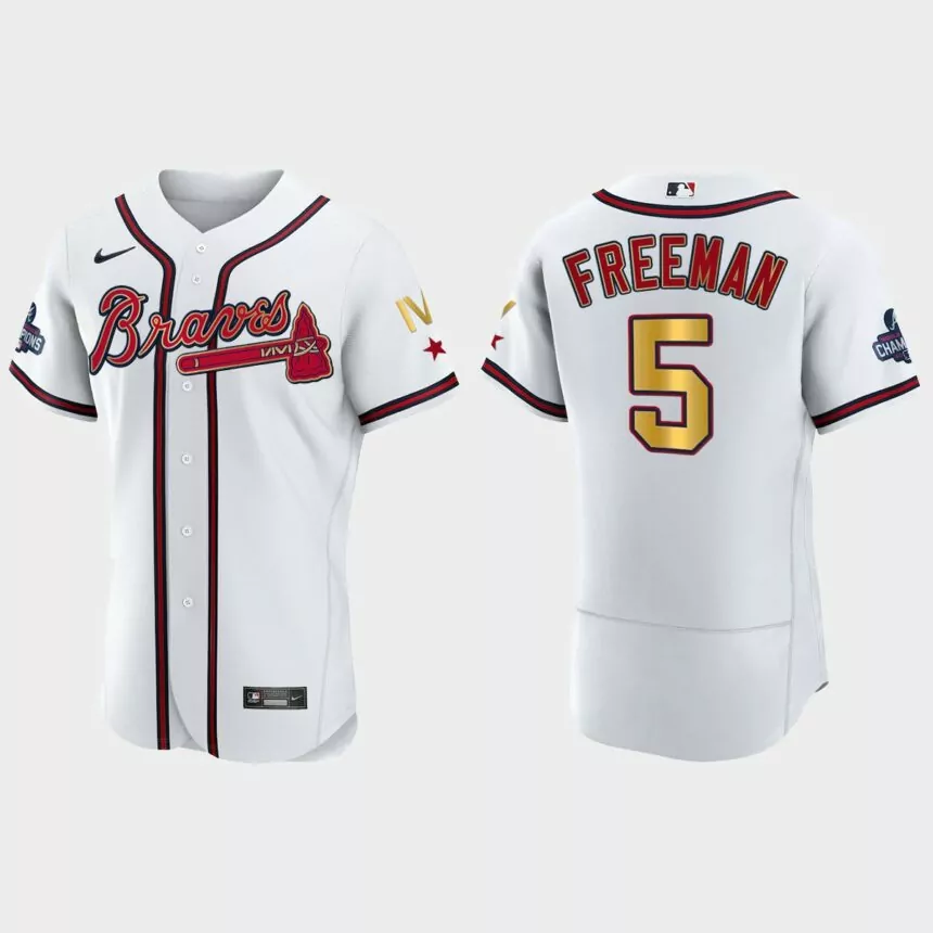 Atlanta Braves Freddie Freeman 2022 Gold Program White Braves 4-Time World Series Champions Jersey