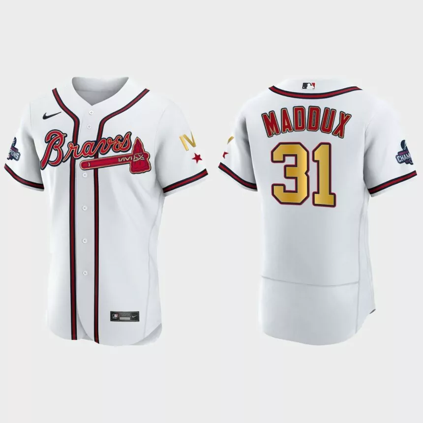 Atlanta Braves Greg Maddux 2022 Gold Program White Braves 4-Time World Series Champions Jersey