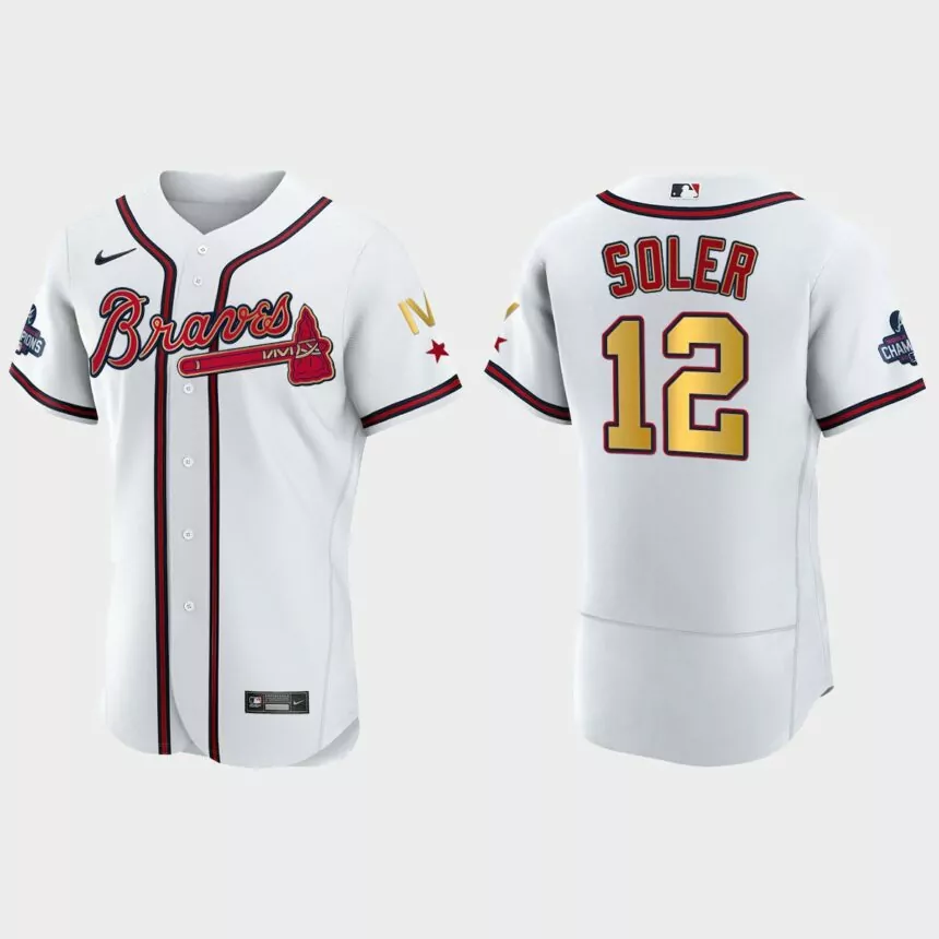 Atlanta Braves Jorge Soler 2022 Gold Program White Braves 4-Time World Series Champions Jersey
