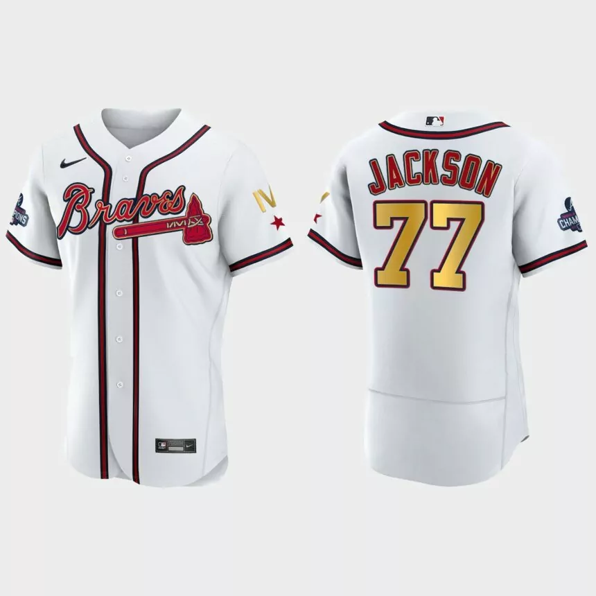 Atlanta Braves Luke Jackson 2022 Gold Program White Braves 4-Time World Series Champions Jersey